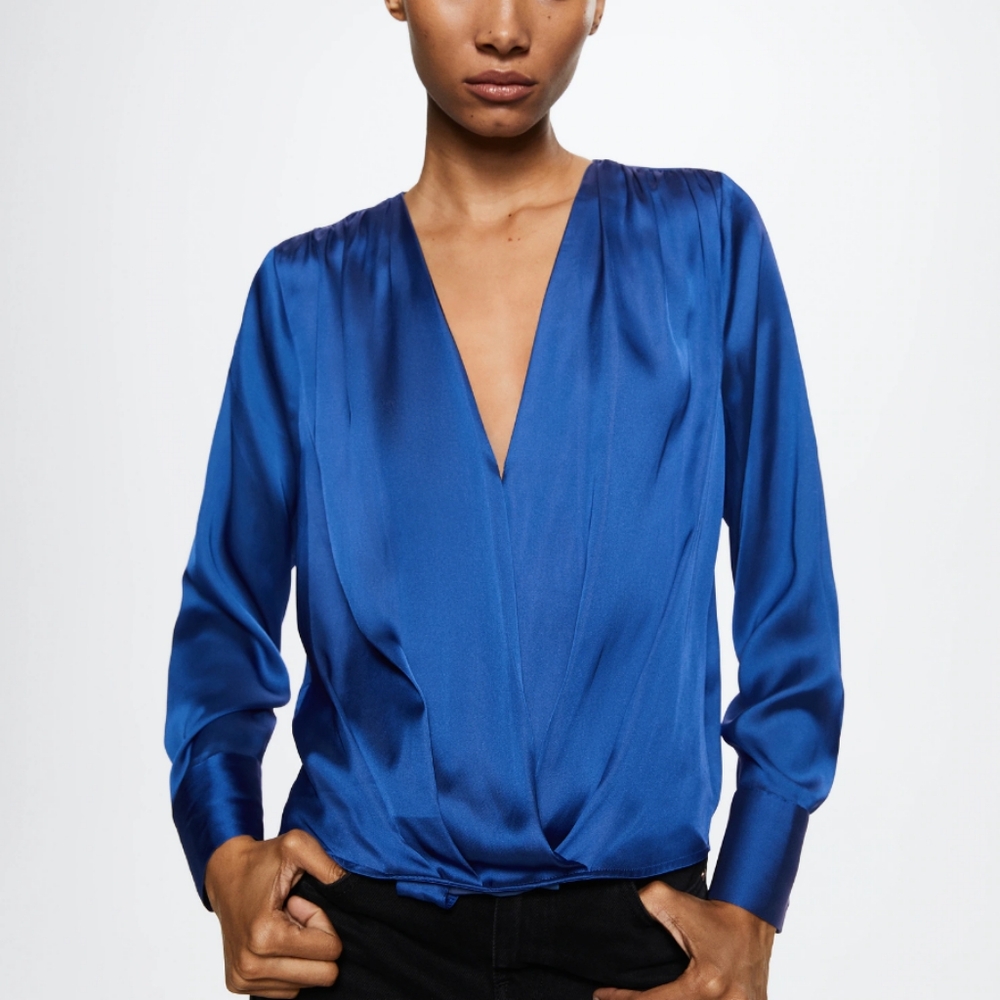 Mango Wrap V-neckline satin blouse deep blue size 10 medium